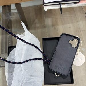 Macaroon iPhone 16 leather case with shoulder string strap